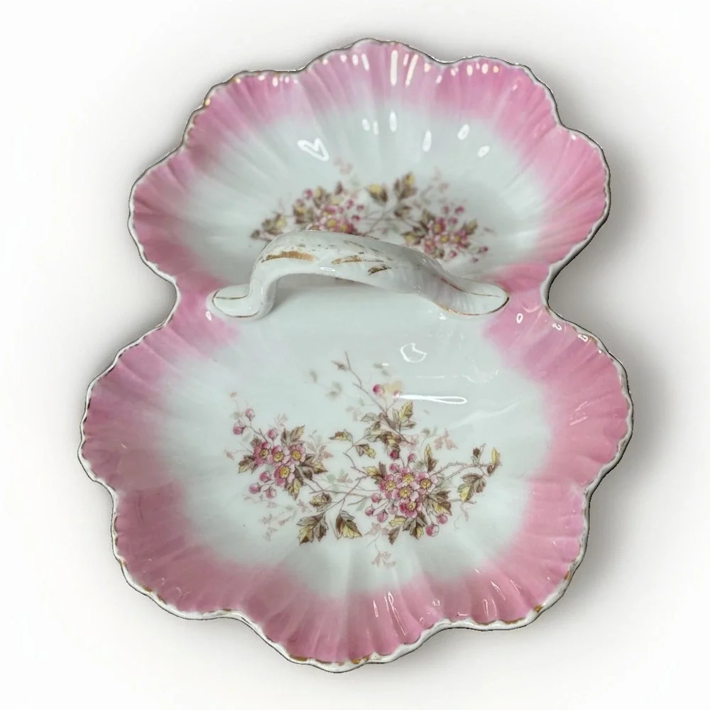 Antique KPM Germany Porcelain Pink Floral Divided Serving Dish Center Handle